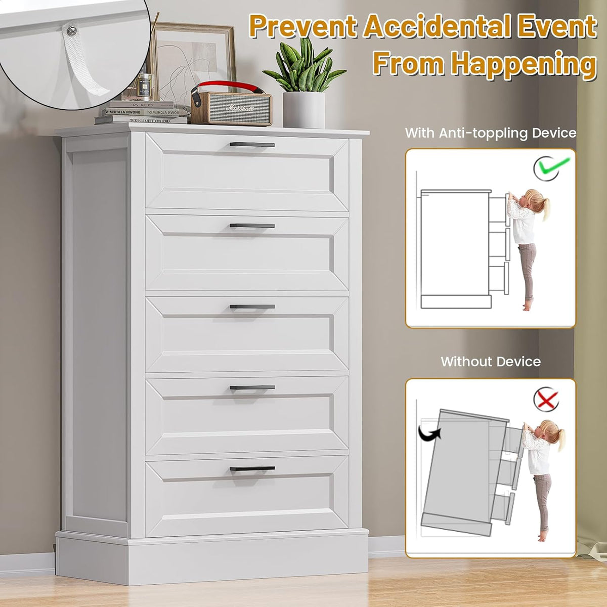 White Dresser for Bedroom, Wood Dresser with 5 Drawers, Chest of Drawer for Bedroom Living Room