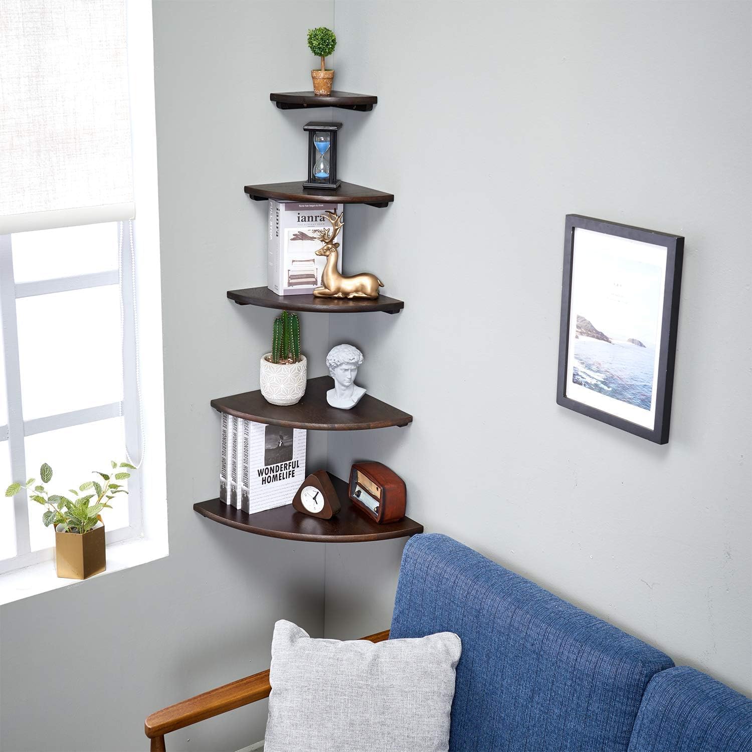 Corner Shelf, Solid Oak Wood Floating Corner Shelf Wall Mount Round End Floating Speaker with Wire