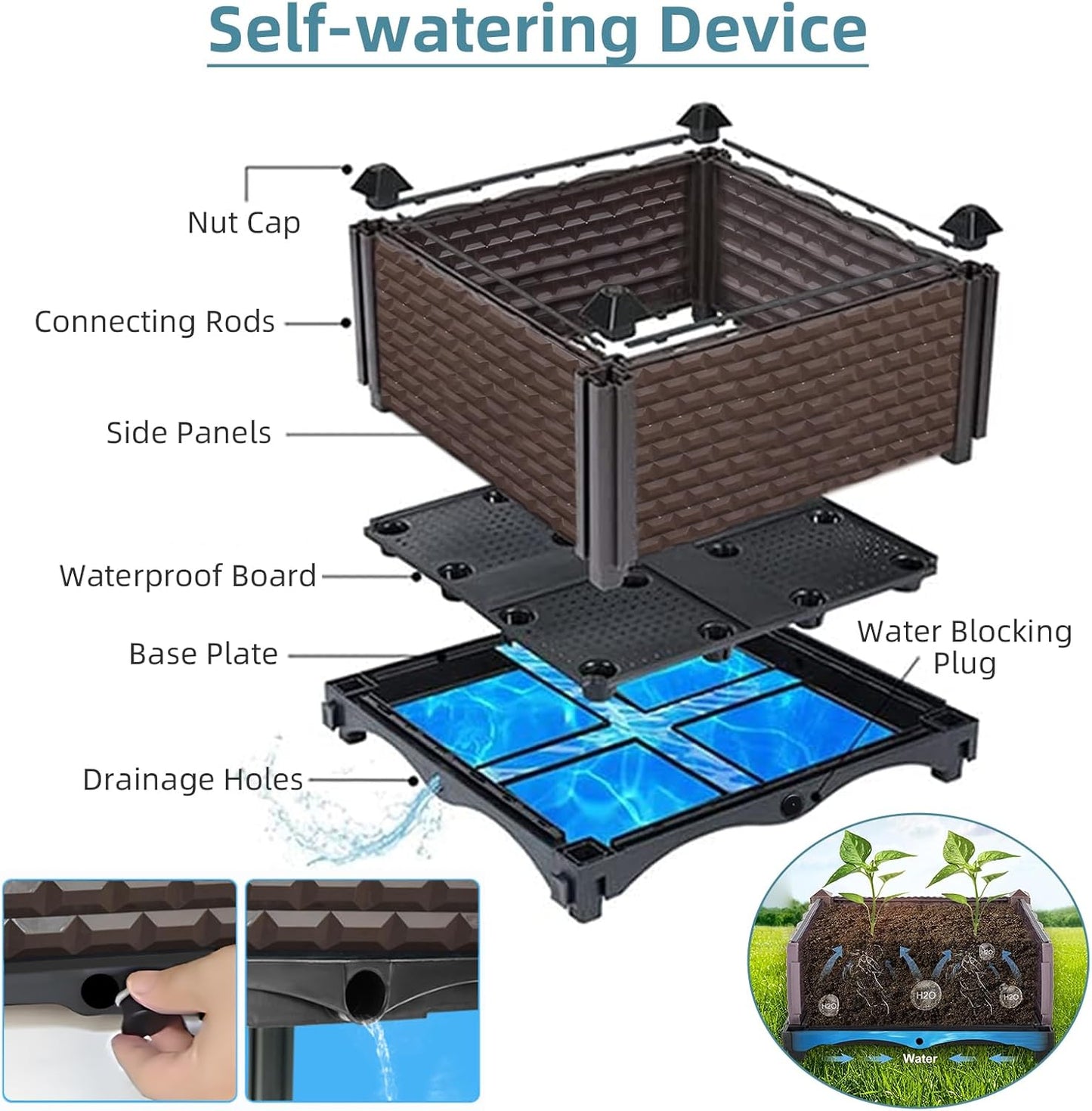 Large Planters for Outdoor Plants 14" Tall Planter Box, Raised Beds for Gardening Self Watering