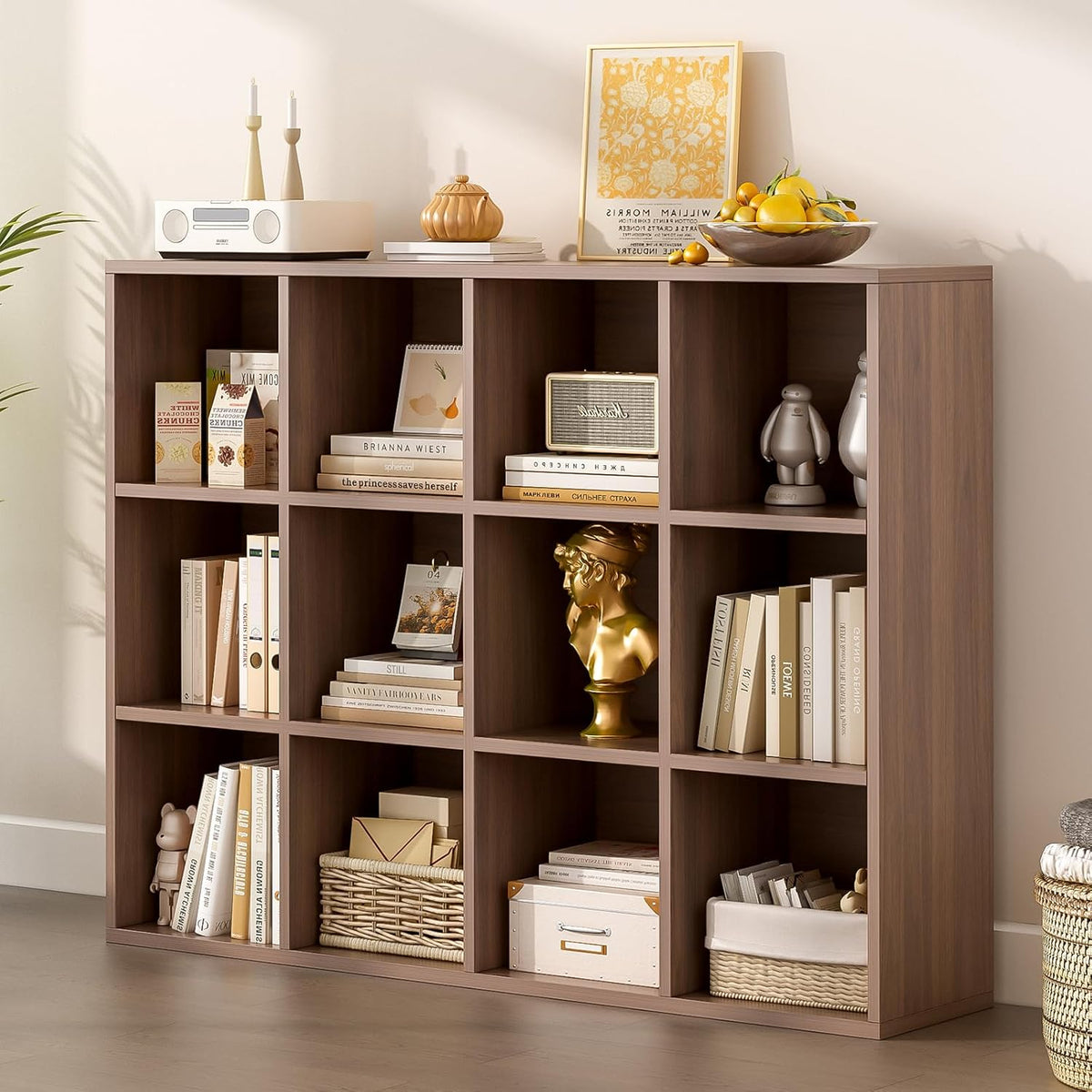 12-Cube Storage Shelf Bookcase - Wooden 3-Tier Floor Standing Open Bookshelf for Home and Office