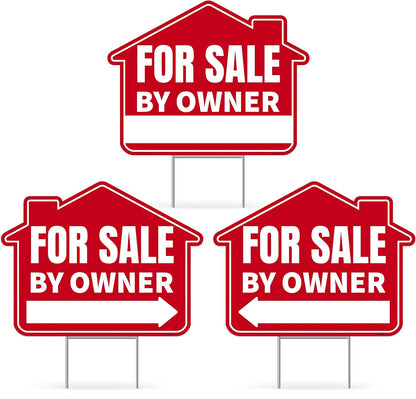 3PC For Sale By Owner Sign with Stakes, 17 Inches by 13 Inches - Double Sided Signs - Corrugated