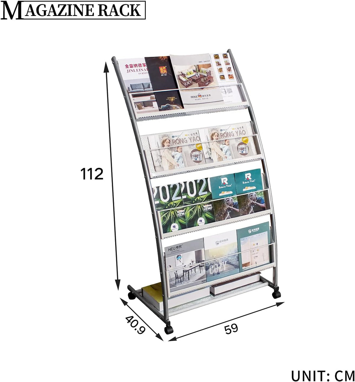 Brochure Display Stand, Floor-Standing Magazine Rack with 4 Pockets, Information Rack With casters