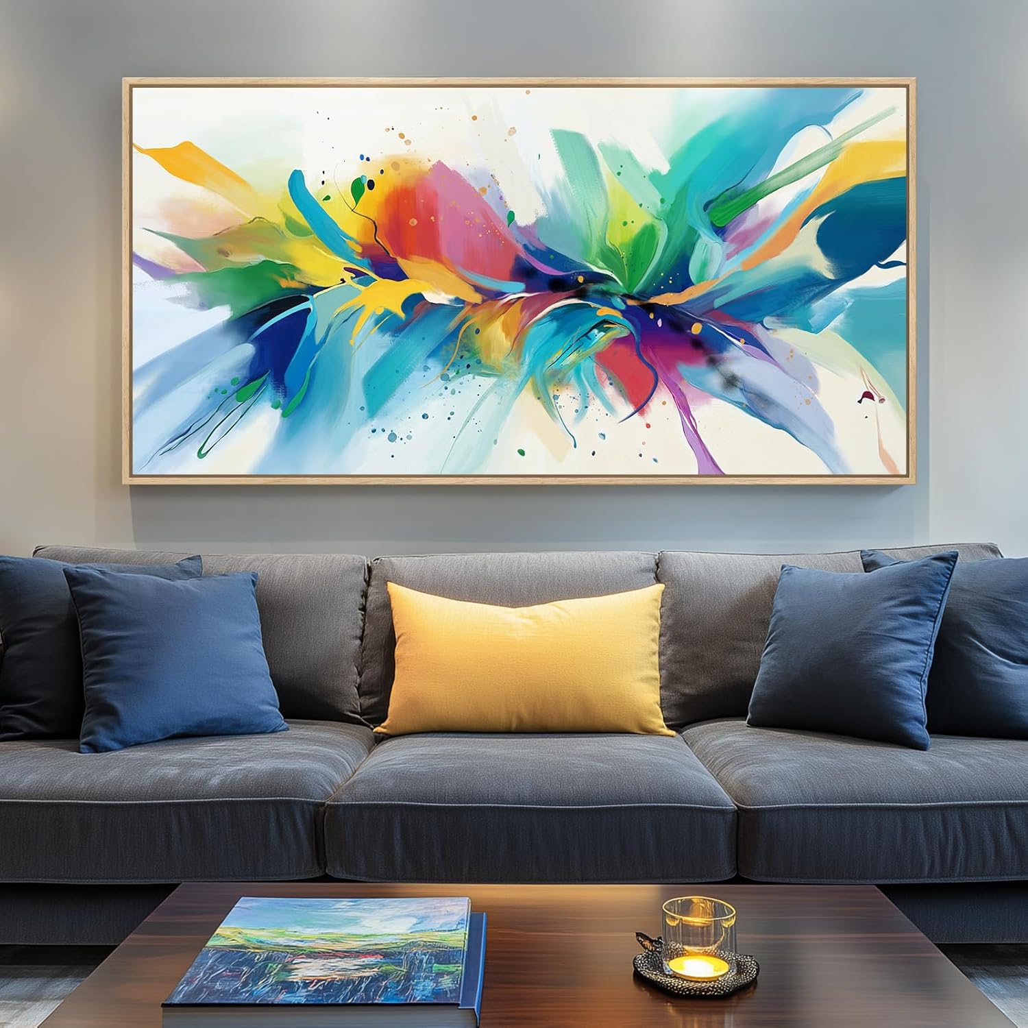 Framed Extra Large Colorful Abstract Wall Art for Living Room, Modern Horizontal Bright Canvas