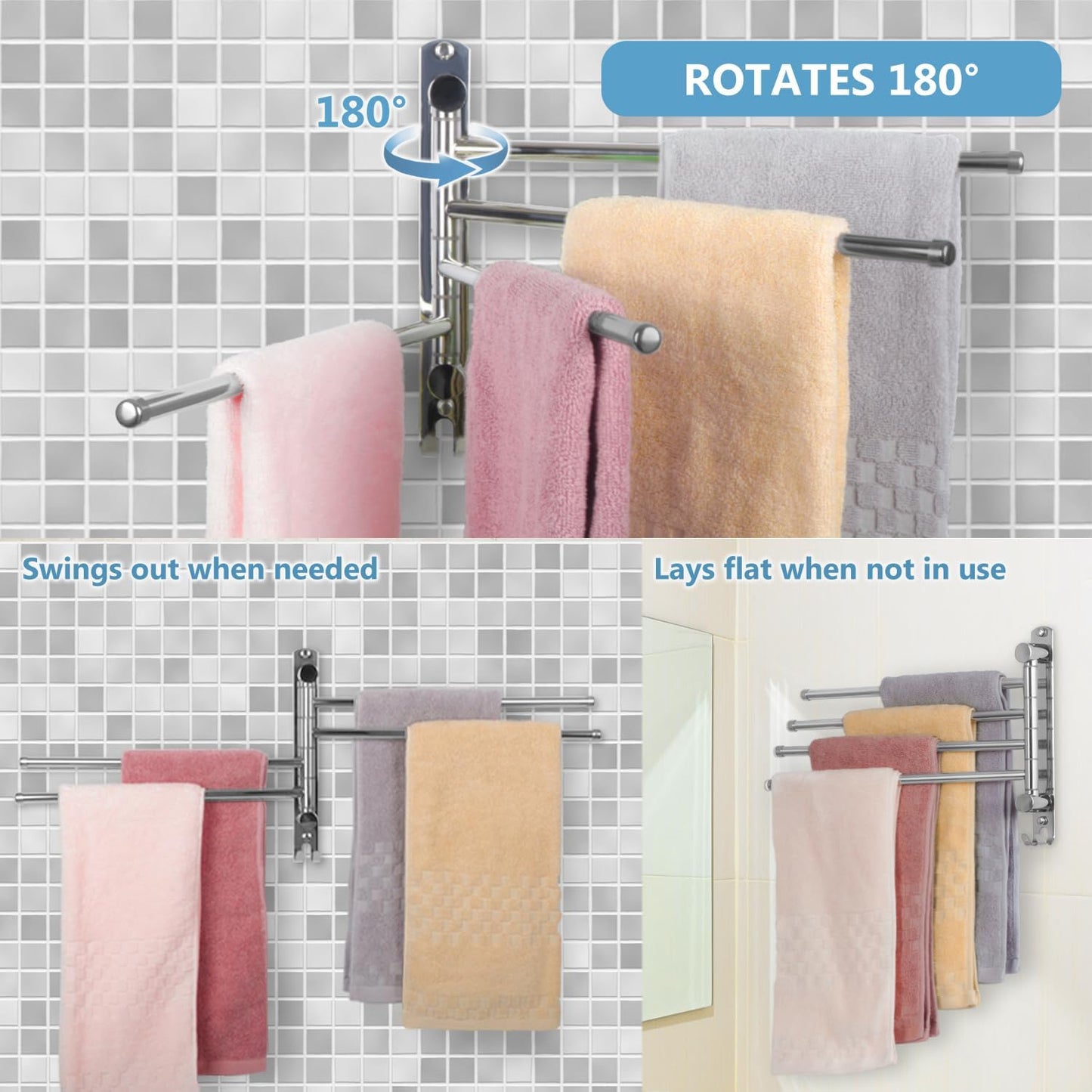 Bathroom Towel Rack JSVER Swivel 4 Arms Extended Towel Holder, SUS304 Stainless Steel Space Saving