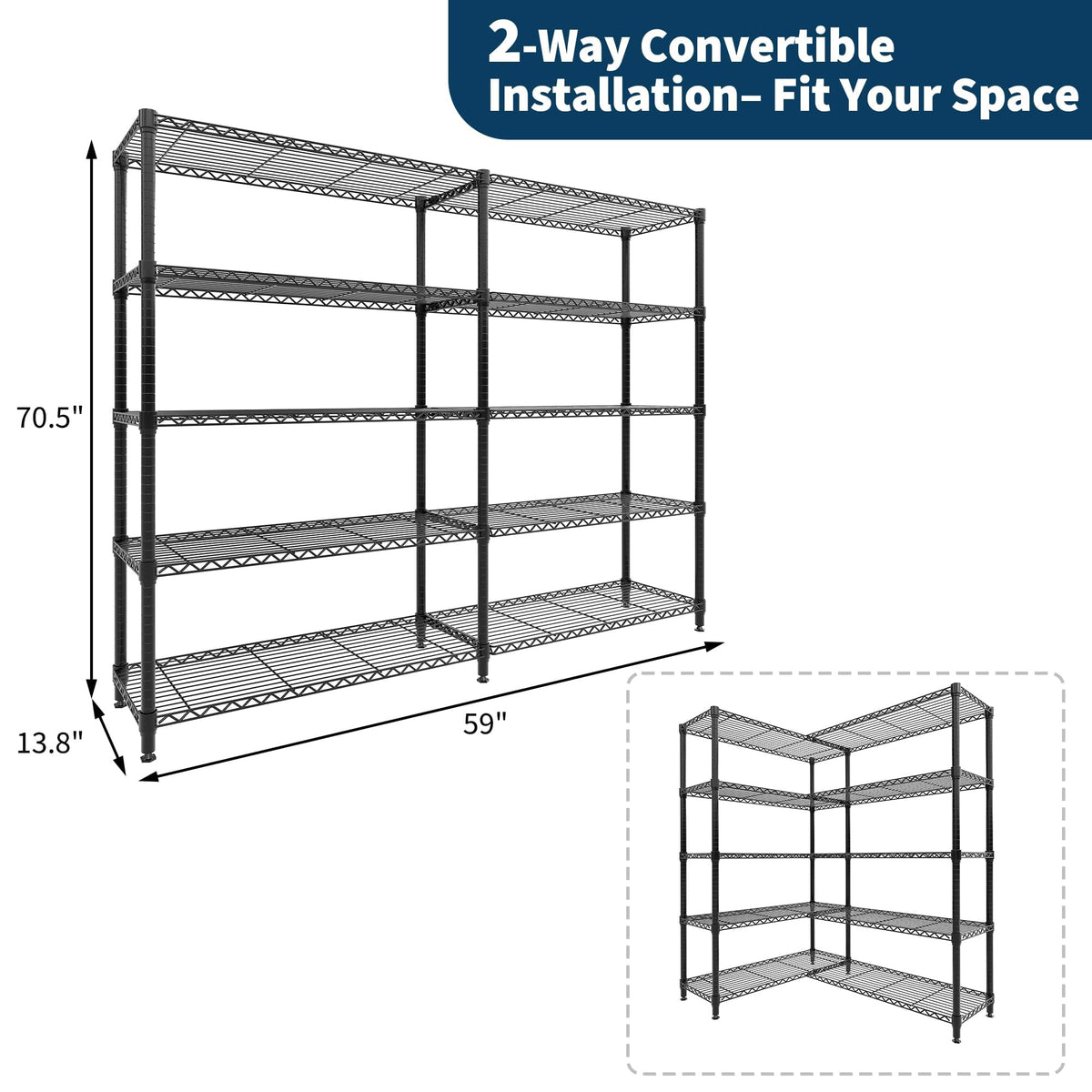 GarveeHome 70" H Storage Shelves 5-Tier L-Shaped Shelving Unit, 1325 LBS Metal Shelves Heavy Duty
