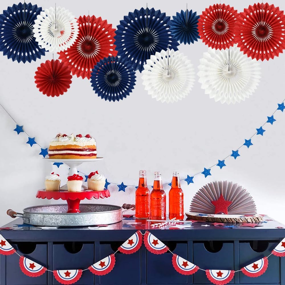 BEISHIDA Red White Blue Hanging Honeycomb Round Paper Fans Decoration Patriotic Theme Tissue Paper