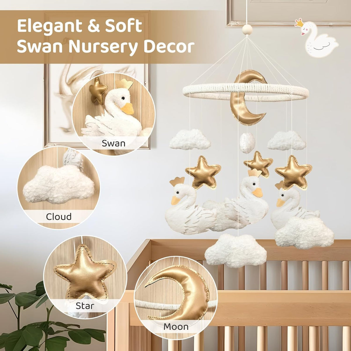 Baby Mobile for Crib Swan Nursery Decor for Girls Handmade Boho Baby Crib Mobile Cloud Moon Star