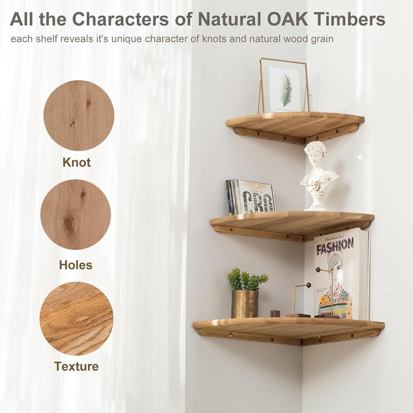 Corner Shelves, Floating Corner Shelf, Set of 2 Solid Oak Wood Wall Shelves, Round End Wall Mount