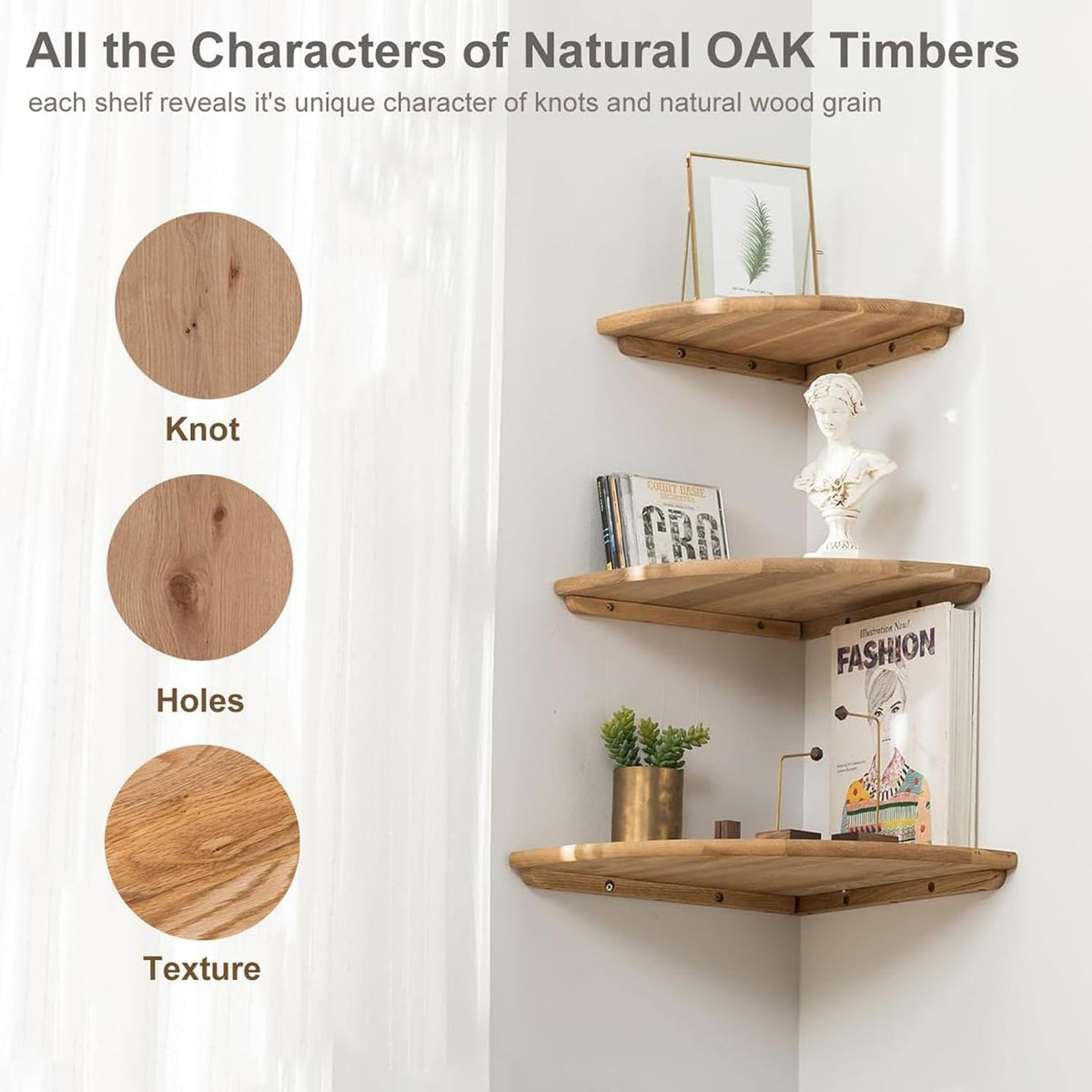 Corner Shelves, Floating Corner Shelf, Set of 2 Solid Oak Wood Wall Shelves, Round End Wall Mount