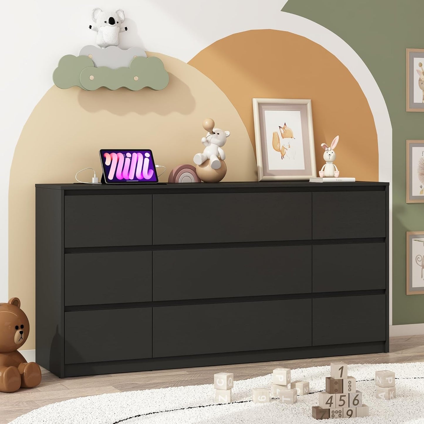 Black malm Dresser for Bedroom, 63 Inch Long 9 Drawers Dresser with Charging Station, Modern Large