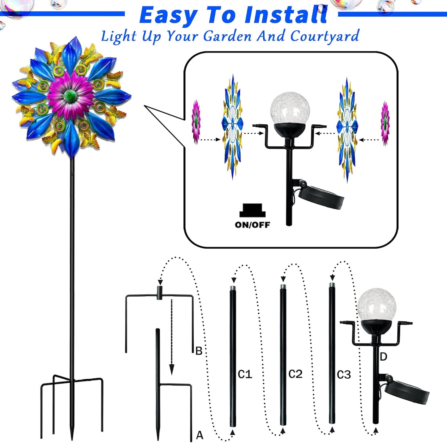 60 Inch Solar Wind Spinner Outdoor - Double-Sided Rotating Colorful Kinetic Wind Spinners for