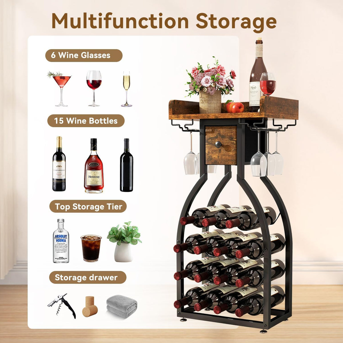 IBUYKE Wine Rack Freestanding Floor,Wine Storage 15 Bottles Bottle Rack with Glass Holders, Mini
