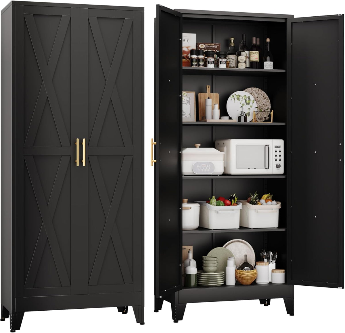71" H Metal Kitchen Pantry Storage Cabinet, Freestanding Cupboard with 2 Doors and 4 Adjustable