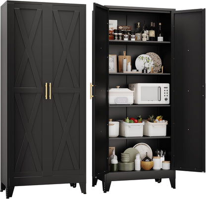71" H Metal Kitchen Pantry Storage Cabinet, Freestanding Cupboard with 2 Doors and 4 Adjustable