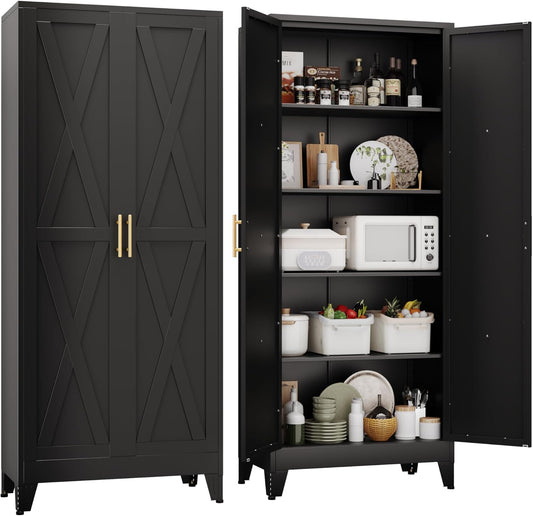 71" H Metal Kitchen Pantry Storage Cabinet, Freestanding Cupboard with 2 Doors and 4 Adjustable