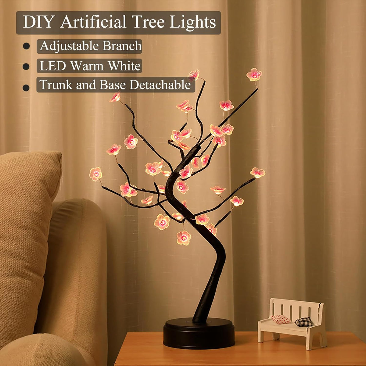 36 LED Cherry Blossom Sparkly Fairy Spirit Tree Lights, Twinkling Tree 3AA&USB Powered, Tabletop