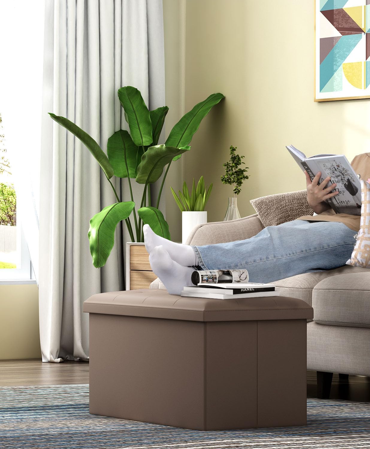 Storage Ottoman Bench, Folding Ottoman Foot Rest, 15 x 30 x 15 Inches, End of Bed Bench,Storage