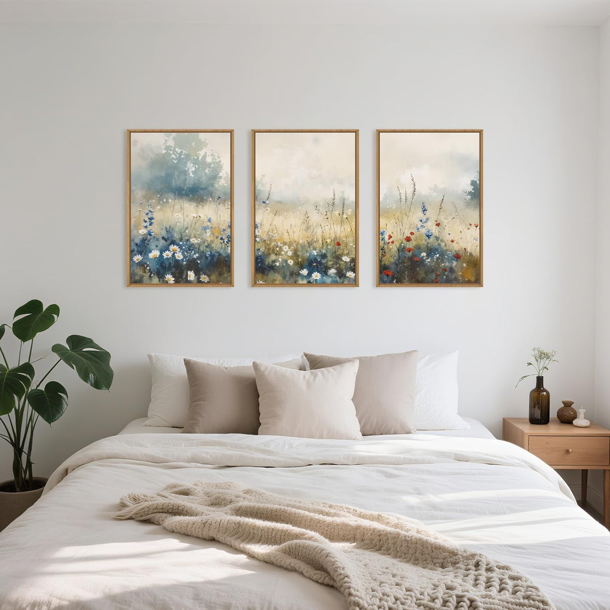 Nature Wildflower Framed Canvas Wall Art Set, Pastoral Landscape Wall Decor, Colorful Meadow Wall