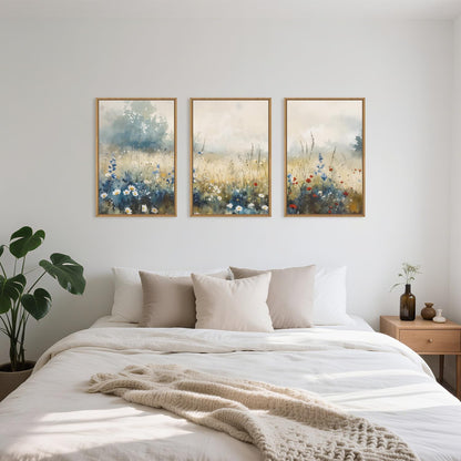 Nature Wildflower Framed Canvas Wall Art Set, Pastoral Landscape Wall Decor, Colorful Meadow Wall