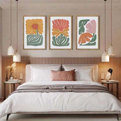 Large Abstract Boho Floral Wall Art Set Colorful Botanical Wood Wall Decor Modern Mid Century