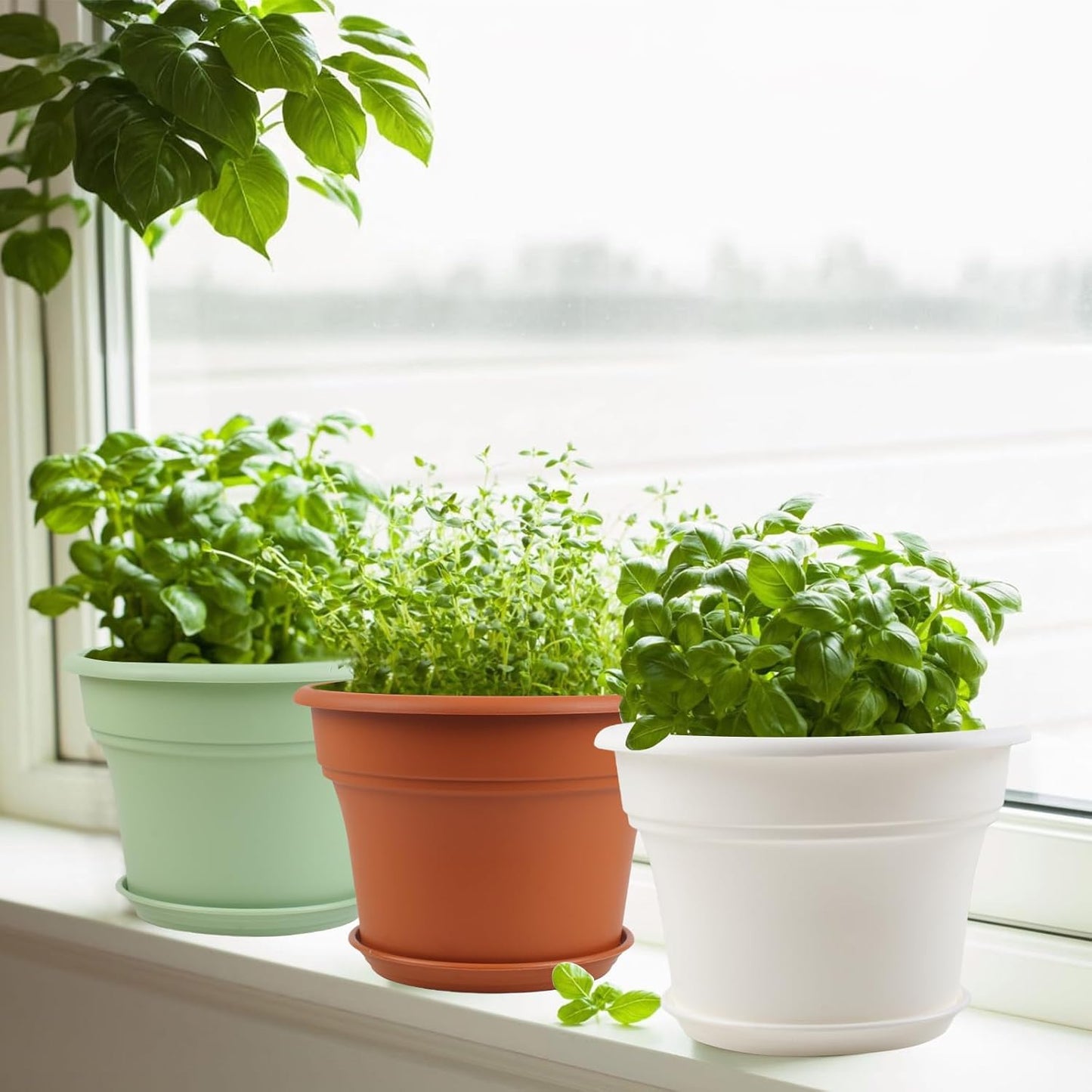 10 Inch Plastic-Flower-Pot-for-Indoor-Plants, 4 Pack Large Outdoor Planter Pot with Drainage Holes