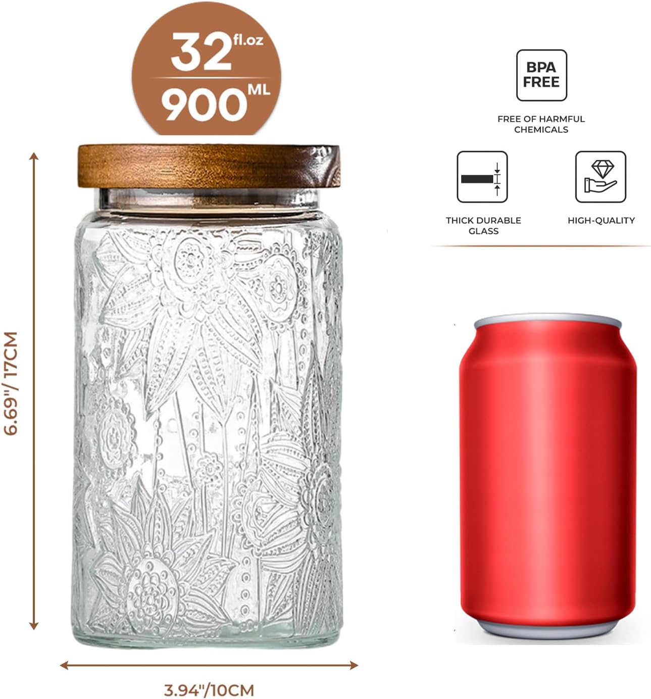 3-Pack 32oz Vintage Glass Jar With Lid, Glass Storage Containers, Airtight Kitchen Storage