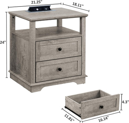 HIFYOBRO Large End Table Set of 2, 2 Drawers and Hidden Charging Station, Type-C & USB Port & Power