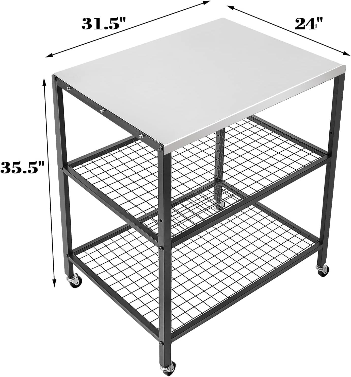 Stainless Steel Outdoor Grill Cart Pizza Oven Stand Trolley Table with Wheels Three-Shelf Movable