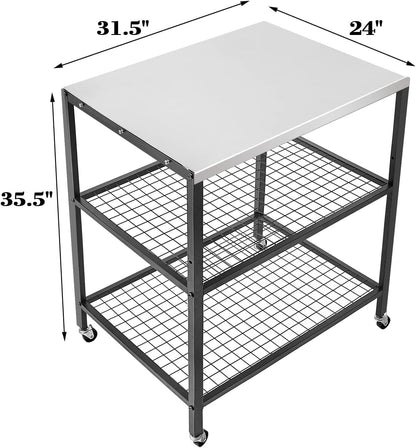 Stainless Steel Outdoor Grill Cart Pizza Oven Stand Trolley Table with Wheels Three-Shelf Movable