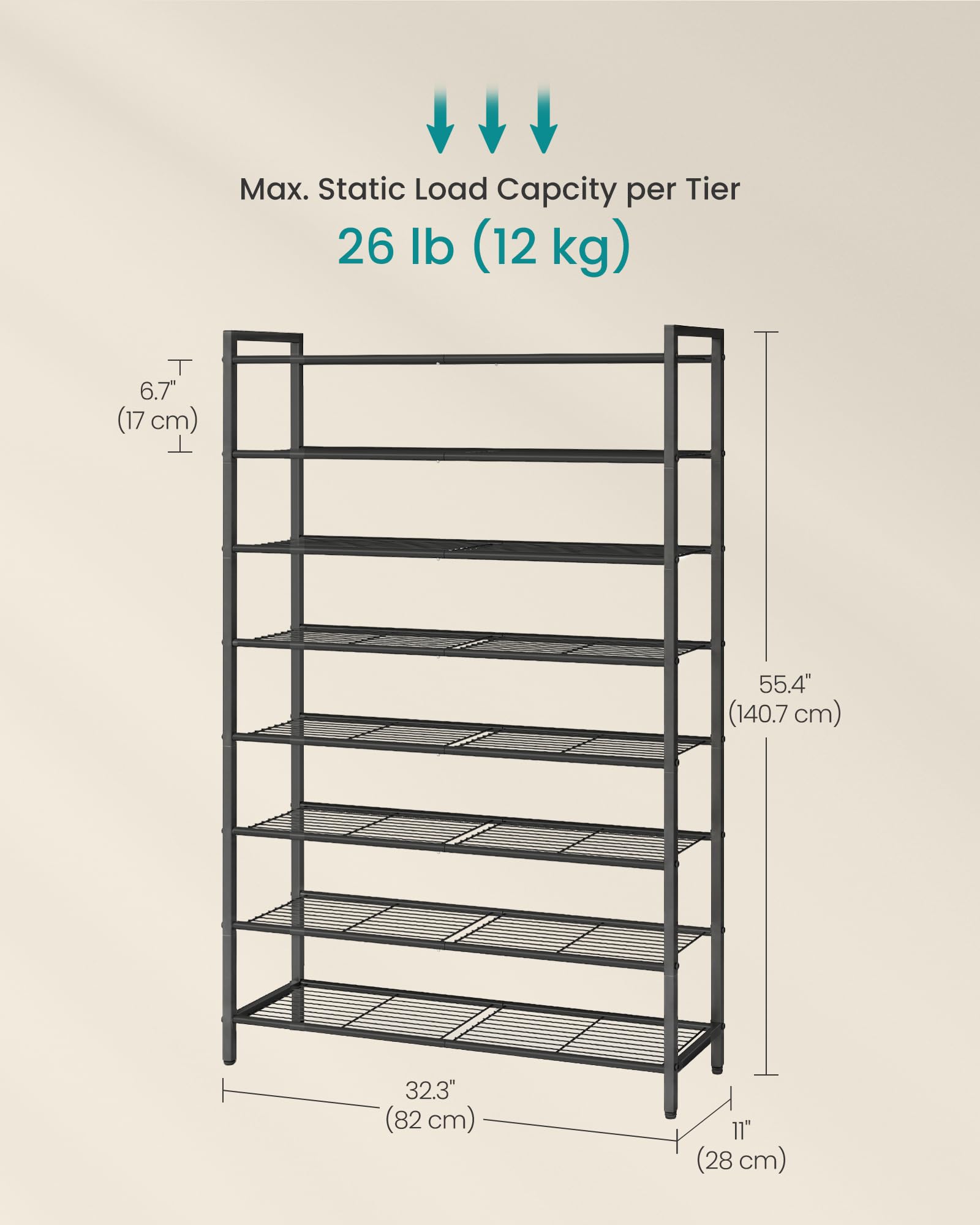 SONGMICS Metal Shoe Rack, Free Standing Shoe Organizer for Entryway Closet Garage Small Spaces