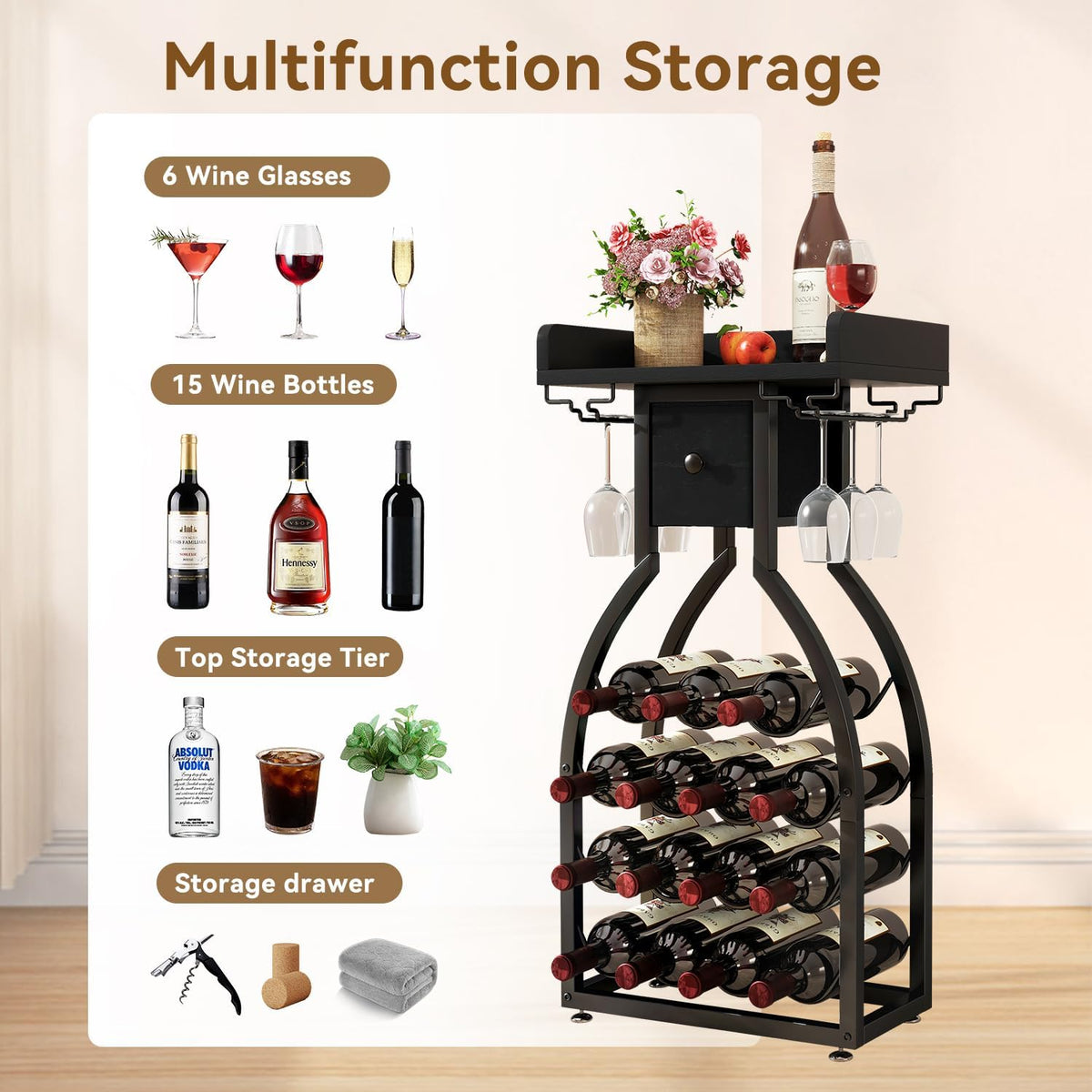 IBUYKE Wine Rack Freestanding Floor,Wine Storage 15 Bottles Bottle Rack with Glass Holders, Mini