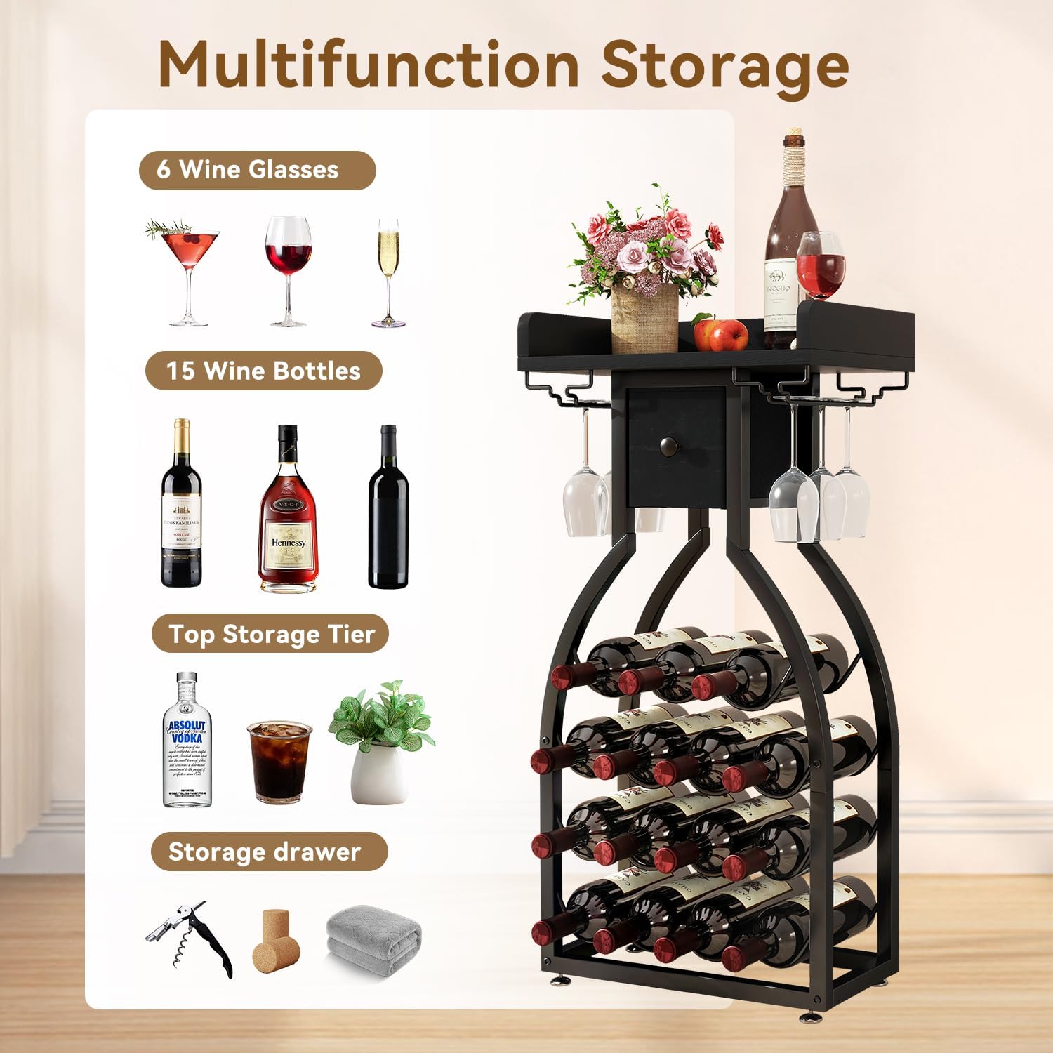IBUYKE Wine Rack Freestanding Floor,Wine Storage 15 Bottles Bottle Rack with Glass Holders, Mini