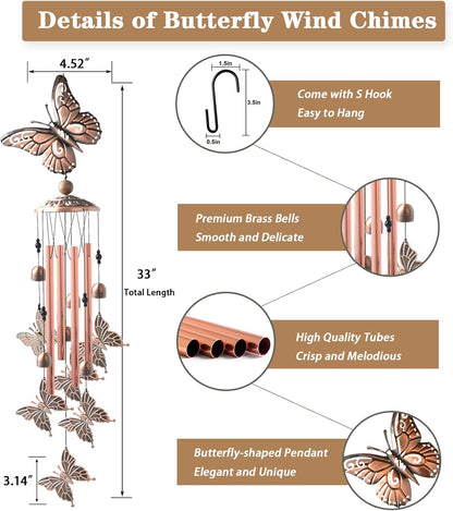 Wind Chimes for Outside, 33" Butterfly Wind Chimes Outdoor, Birthday Gifts for Women Mom Sister