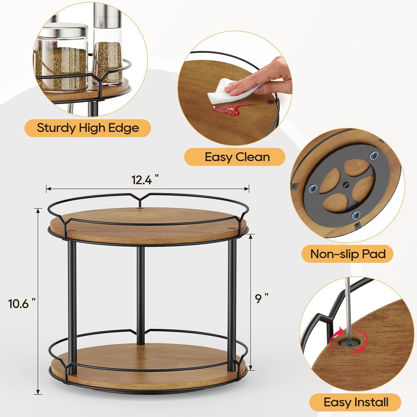 12.4" Lazy Susan Organizer 2 Tier - Rotating Spice Rack, Wooden Spinning Spice Holder for Inside
