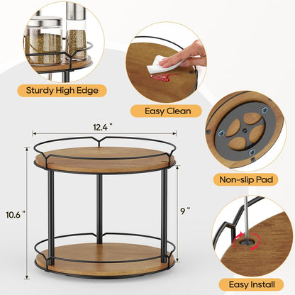 12.4" Lazy Susan Organizer 2 Tier - Rotating Spice Rack, Wooden Spinning Spice Holder for Inside