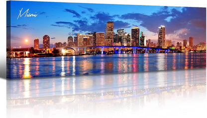 Office Wall Decor Miami Skyline Wall Art Panoramic Cityscape Picture Modern USA City Night View