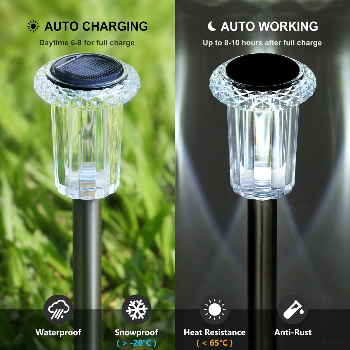 DenicMic Solar Lights Outdoor 10 Pack Waterproof 6000K Cold White LED Stainless Steel Stake for