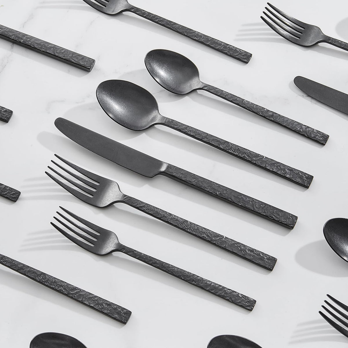 KINGSTONE 40 Pcs Black Hammered Silverware Set for 8, 18/10 Stainless Steel Heavy Duty Flatware