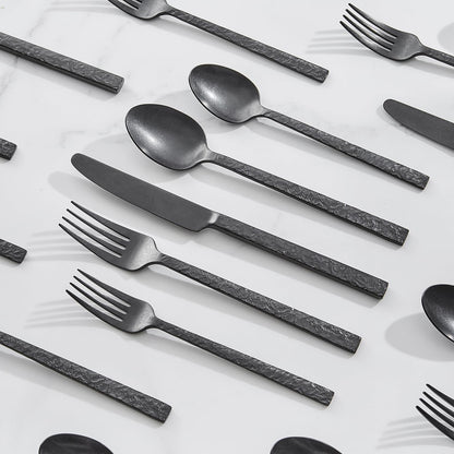KINGSTONE 60 Pcs Black Hammered Silverware Set for 12, 18/10 Stainless Steel Heavy Duty Flatware