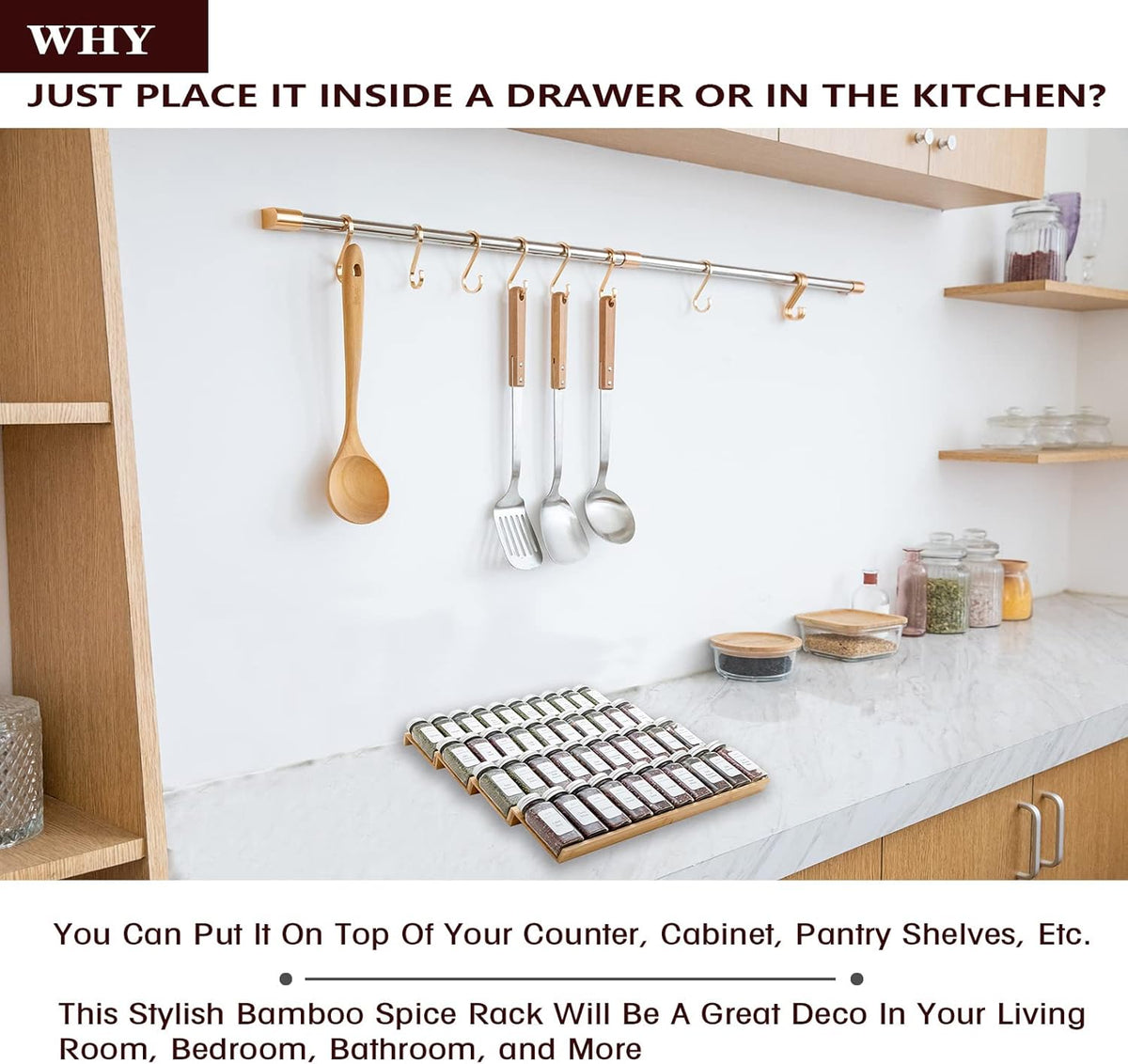 Bamboo Spice Rack Drawer Organizer - 8 Pieces Set- 9" Wide Per Piece - Combine Pieces Into 18" Wide