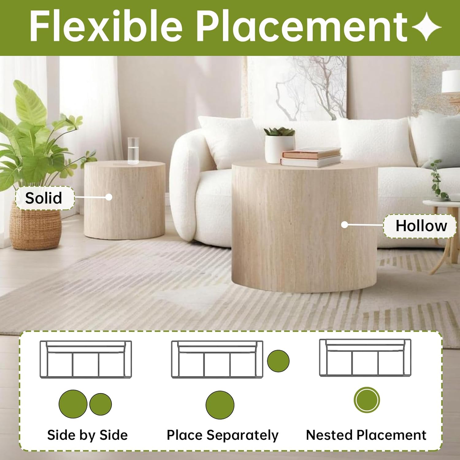 Round Nesting Coffee Table, Drum Wood Coffee Table Set of 2 Travertine-Color, Modern Nesting Tables