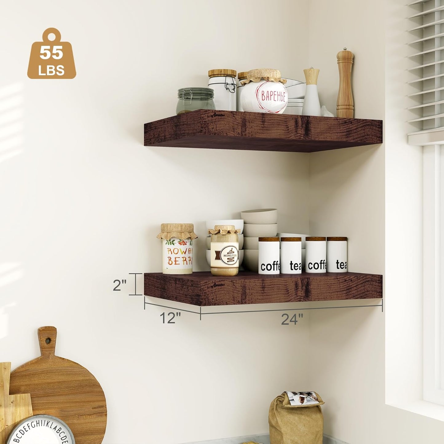 Heimlove Bathroom 12'' Deep Floating Shelves for Wall - Shelf Over Toilet Wall Mounted Farmhouse 24