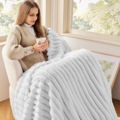 NEWCOSPLAY Super Soft Twin Blanket White Premium Silky Flannel Fleece 3D Ribbed Jacquard