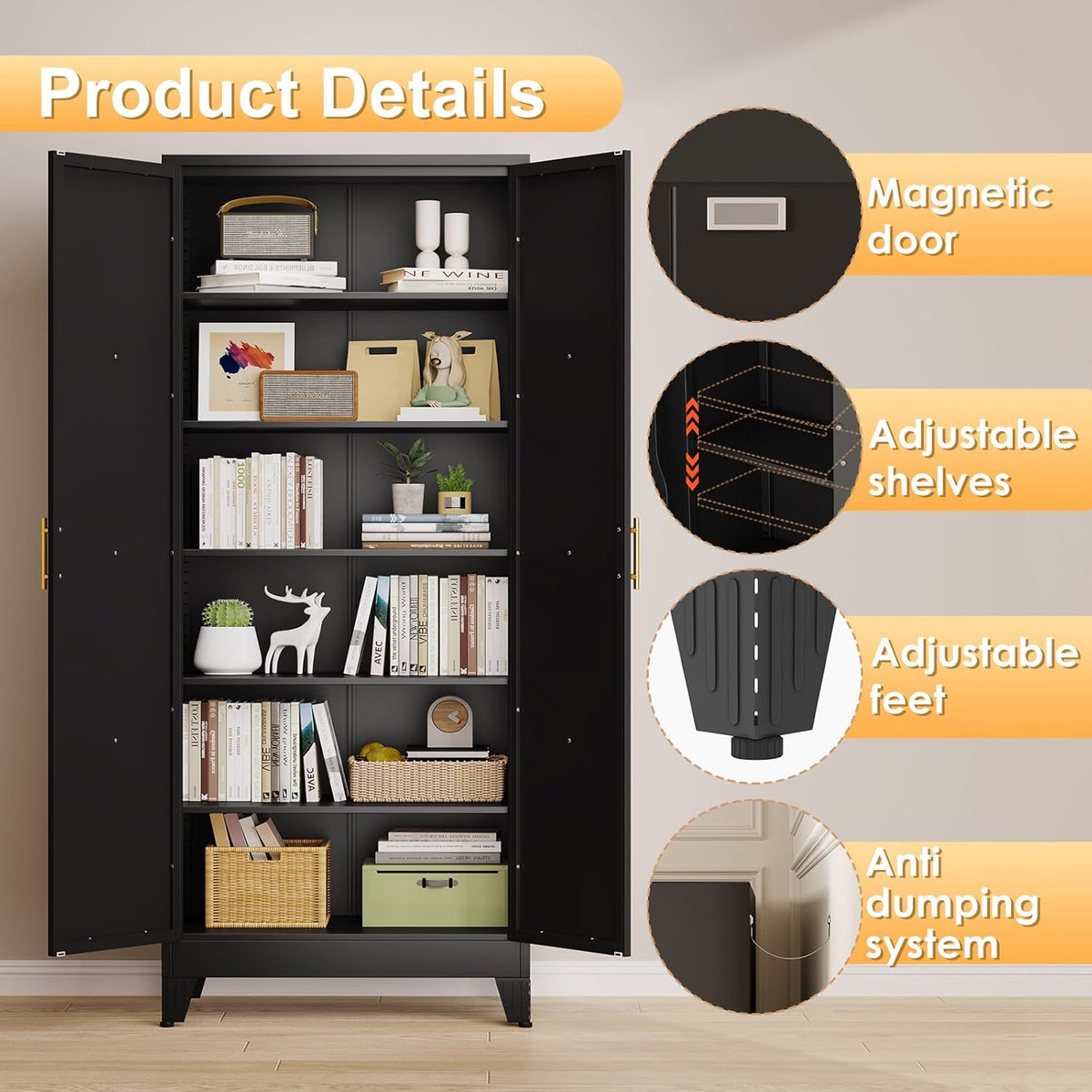 75" Tall Metal Kitchen Pantry Storage Cabinet, Freestanding Cupboard with 2 Doors and 5 Adjustable
