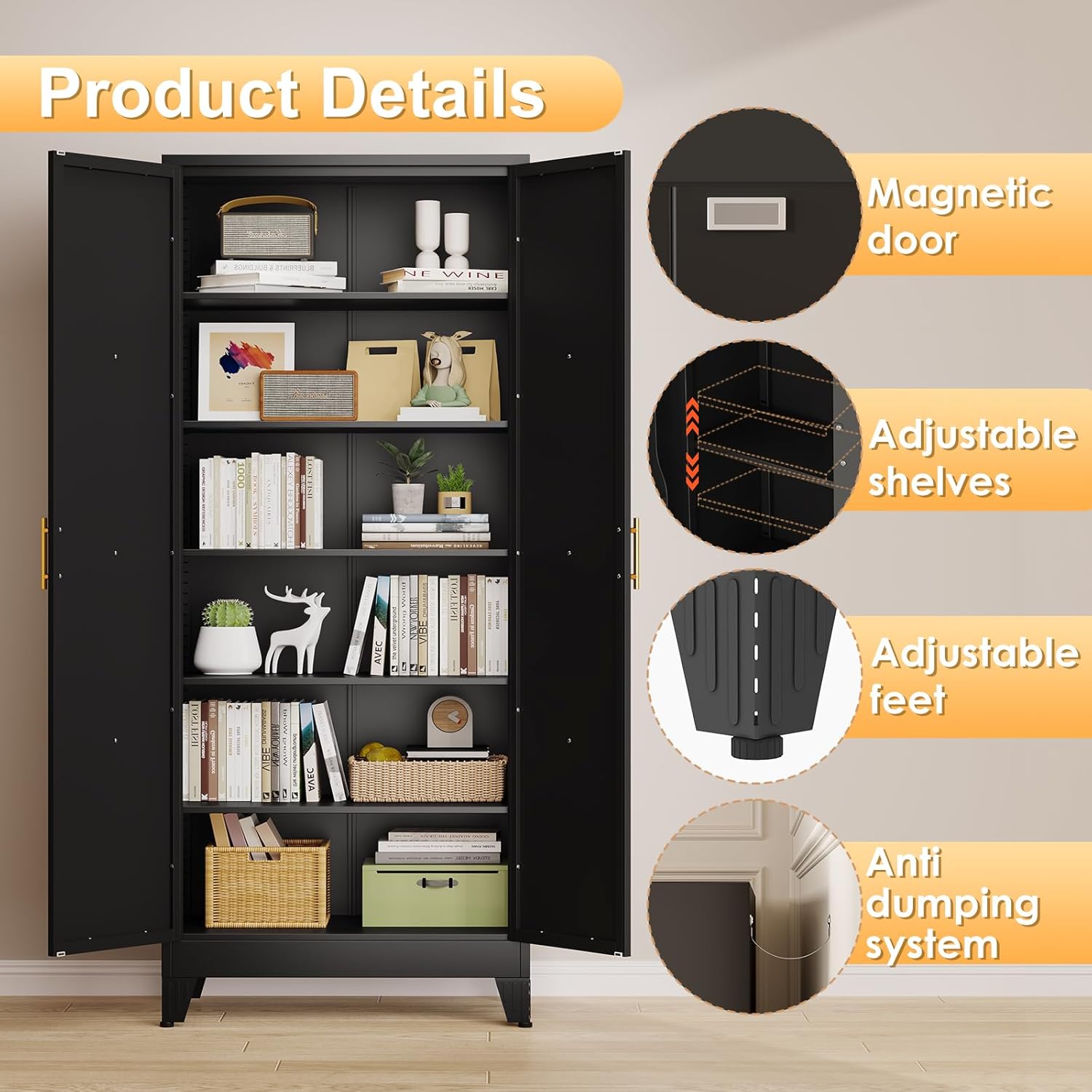 75" Tall Metal Kitchen Pantry Storage Cabinet, Freestanding Cupboard with 2 Doors and 5 Adjustable