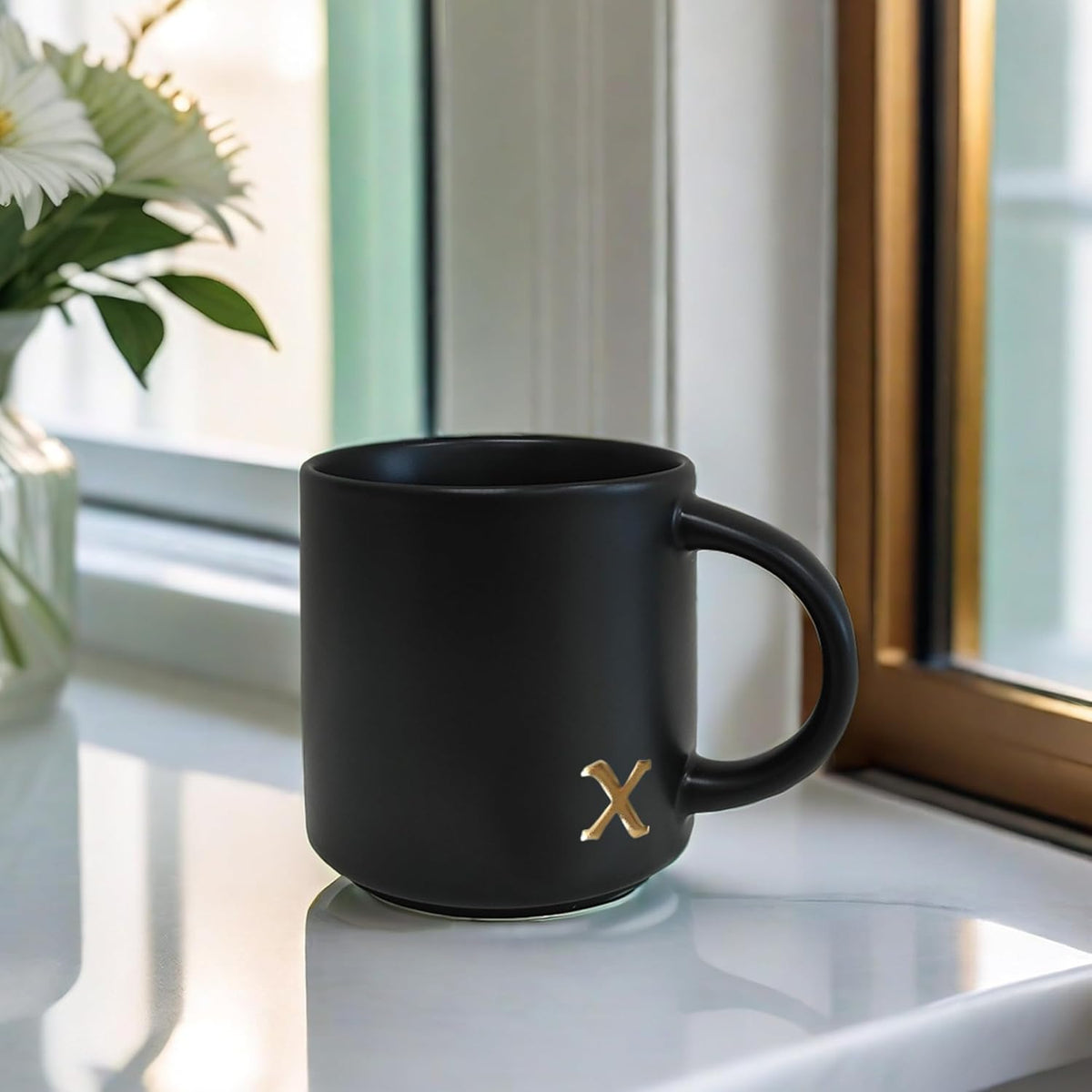 COLLECTIVE HOME - Black Monogram Ceramic Mugs, 15 oz Golden Initial Coffee Cups, Elegant Alphabet