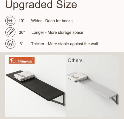 36"W x 10"D Floating Shelves, 10 Inch Deep Black Floating Shelves, Farmhouse Rustic Deep Wall