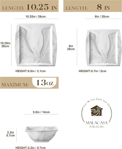 MALACASA Plates and Bowls Sets, 12-Piece Porcelain Dinnerware Sets for 4, Square Plates and Bowls