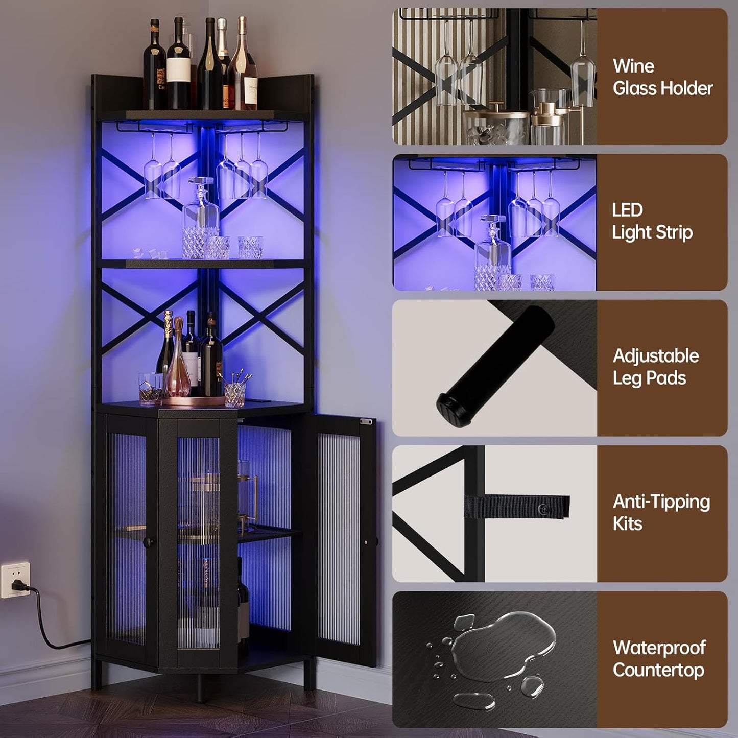 Corner Bar Cabinet with Power Outlet, 5-Tier Corner Wine Cabinet with Led Strip and Glass Holder