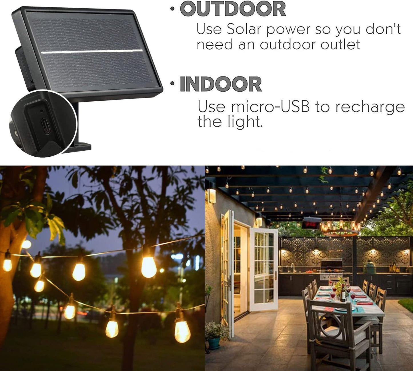 SUNTHIN 24ft Solar String Lights, USB Rechargeable Solar Outdoor Lights with Waterproof &